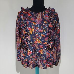 H&M Women's Paisley Floral Print Ruffle Trim Boho Peplum Blouse 6 Navy Multi